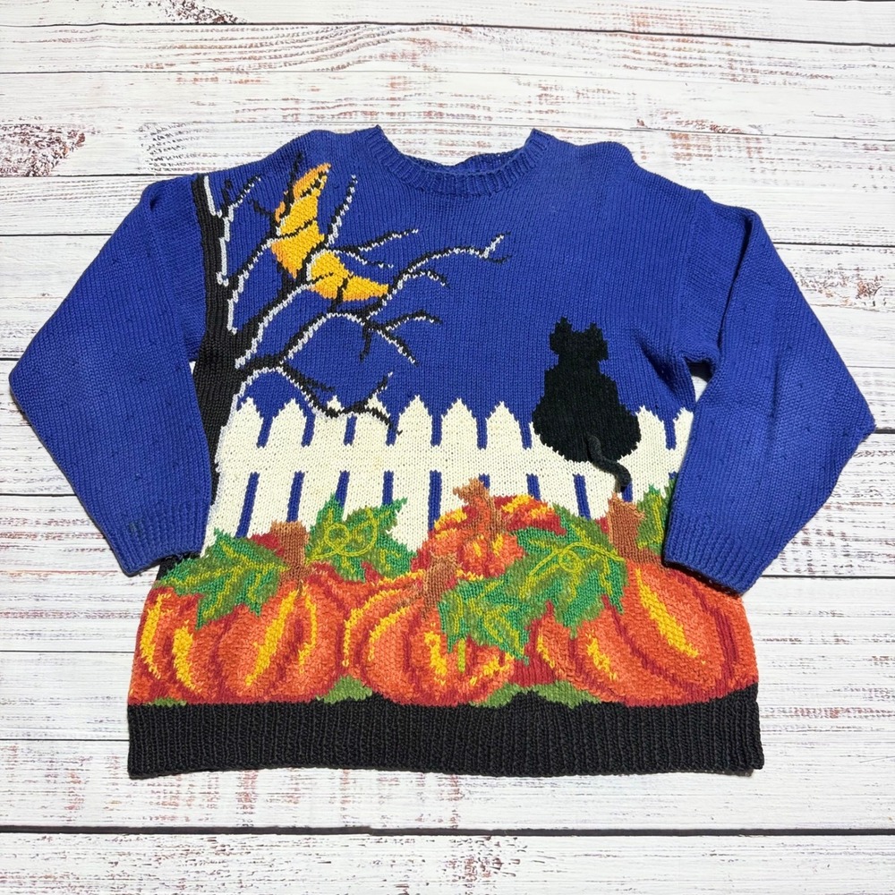 Vintage Marisa Christina Classics Hand Knitted Halloween Black Cat Sweater large